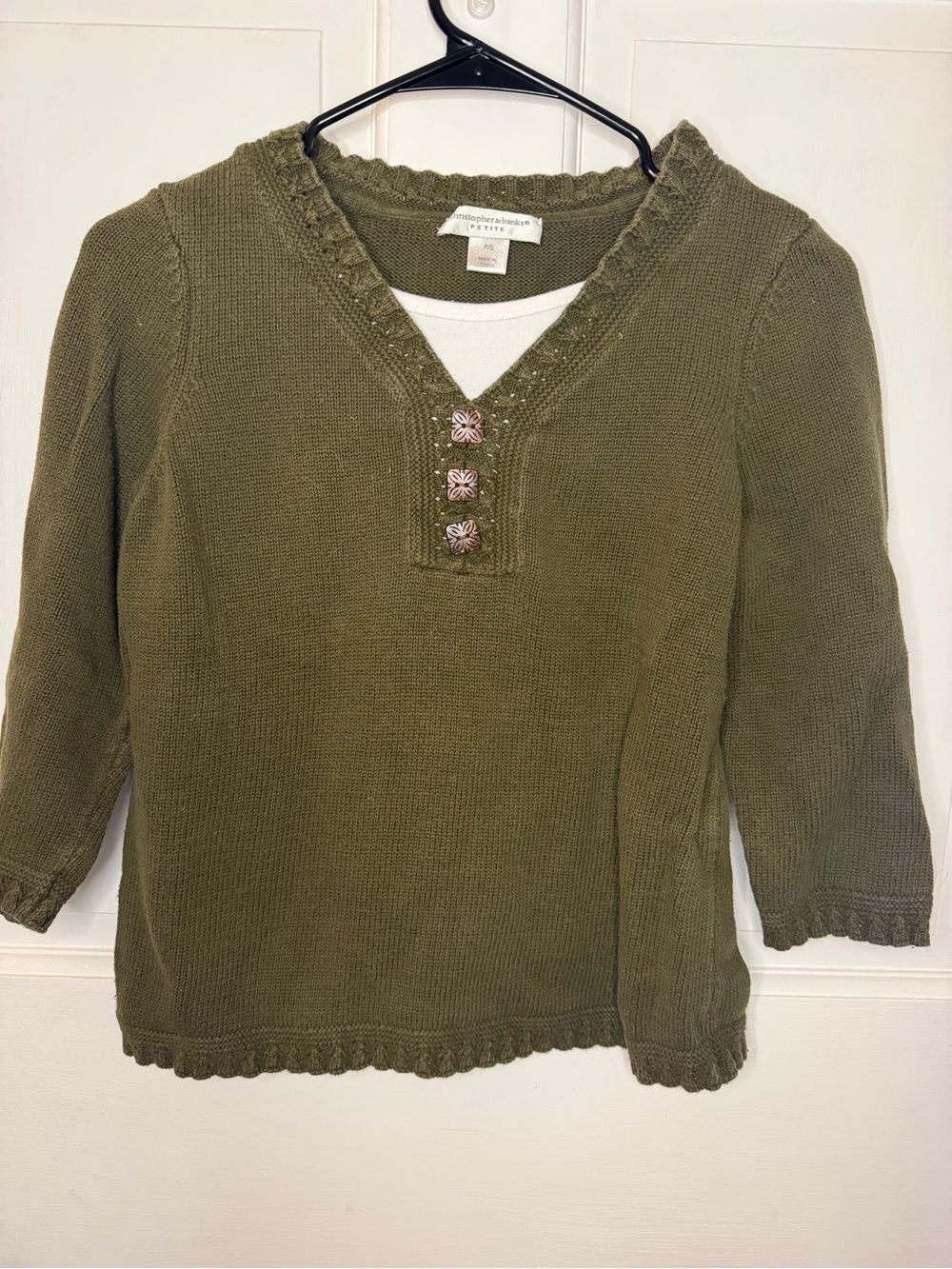 Christopher & Banks Petite P/S 100% Cotton Knit V-Neck Pullover Green